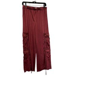 Persaya XL Satin Cargo Pants With Elastic Waist & Pockets Drawstring Hem Wine Re